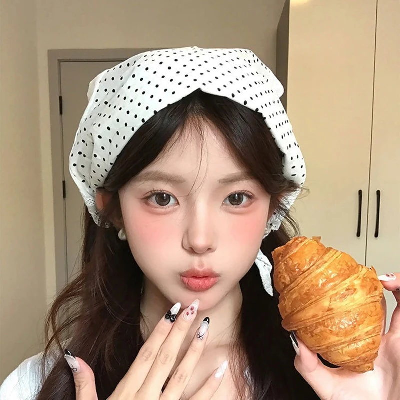 

Retro Lace Polka Dot Headscarf Silk Scarf Female Baotou Triangle Headscarf Sunscreen Headscarf Sun Shade Hairband Silk Scarf