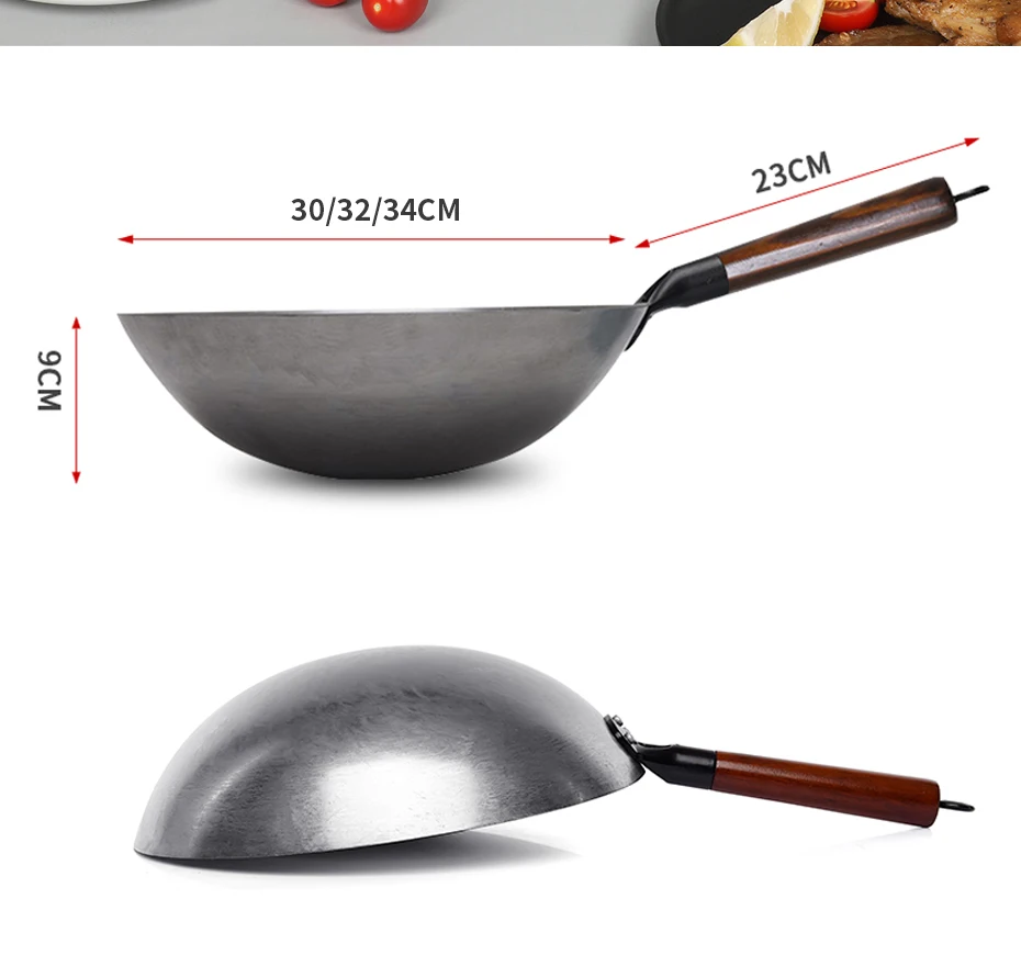 Traditional iron wok,Non-coating Woks Hand forged For Kitchen PanWooden Handle Wok Kitchen Gas Pot Cookware