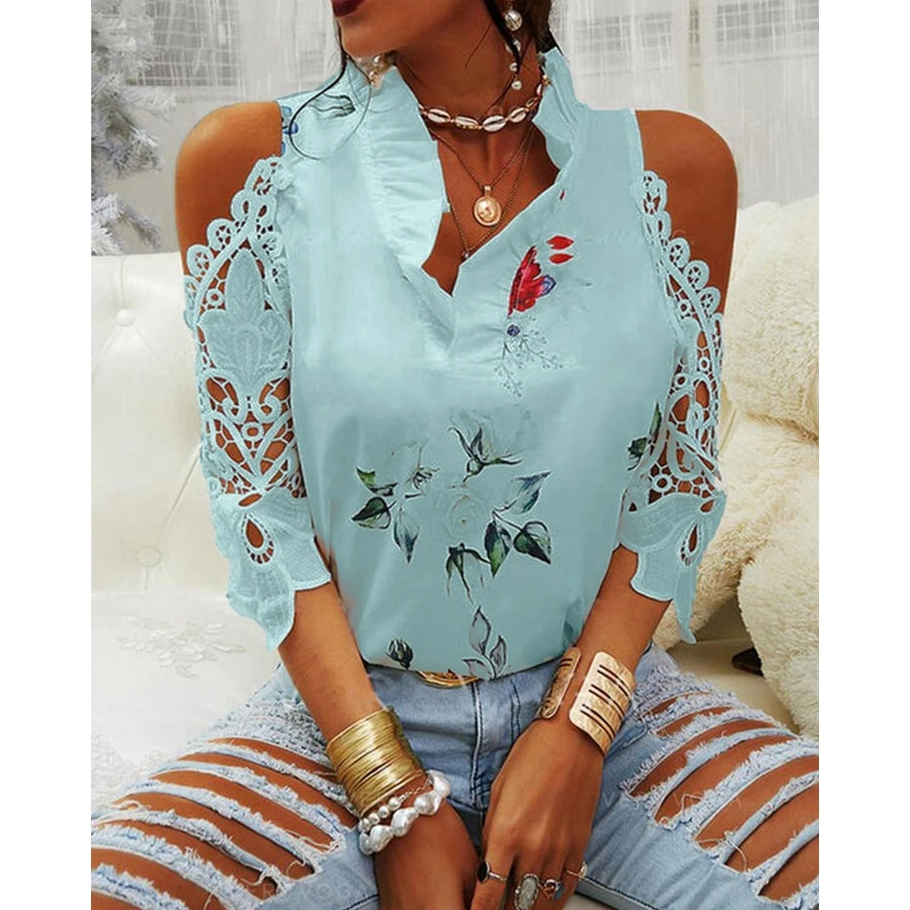 Floral Print Cold Shoulder Contrast Lace Long Sleeve Top for Women Fashion Casual Ruffle Neck Shirts Spring Summer Blue Blouse