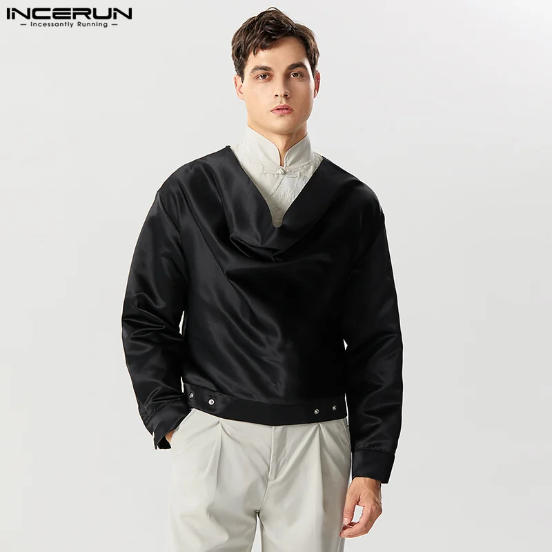 

INCERUN Tops 2023 American Style Men's Fashion Swing Collar Design Fitting Shirts Casual Street Solid Long Sleeved Blouse S-5XL