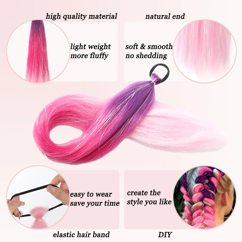 2Pcs Syntehtic Hair Ponytail Extensions with Tinsel Hair Colored Ponytails with Hair Tie for Braiding for Women Kids Christmas
