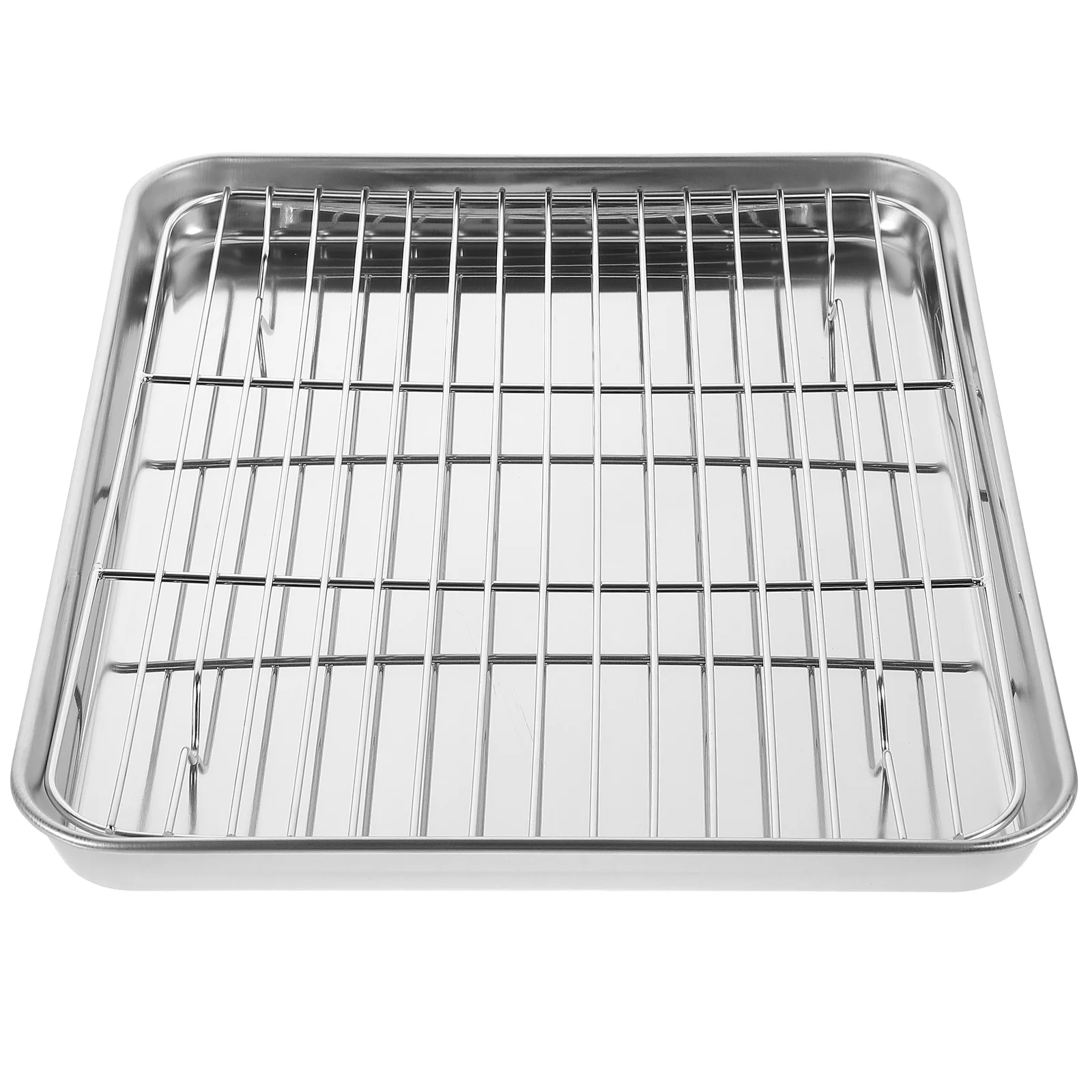 

2 Pieces/Set Baking Tray Pan Stainless Pot Rectangle with Wire Rack Flat Skillet