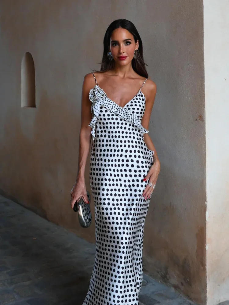 

Fashion Slim Backless Polka Dot Print Maxi Dress Elegant V Neck Off Shoulder Sling Robe 2024 Lady Vacation Chic Vestidos 2024