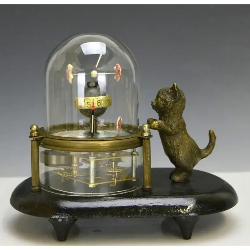 

old china Animated Kitten Cat Catching Fish in Glass Case Novelty Clo RN