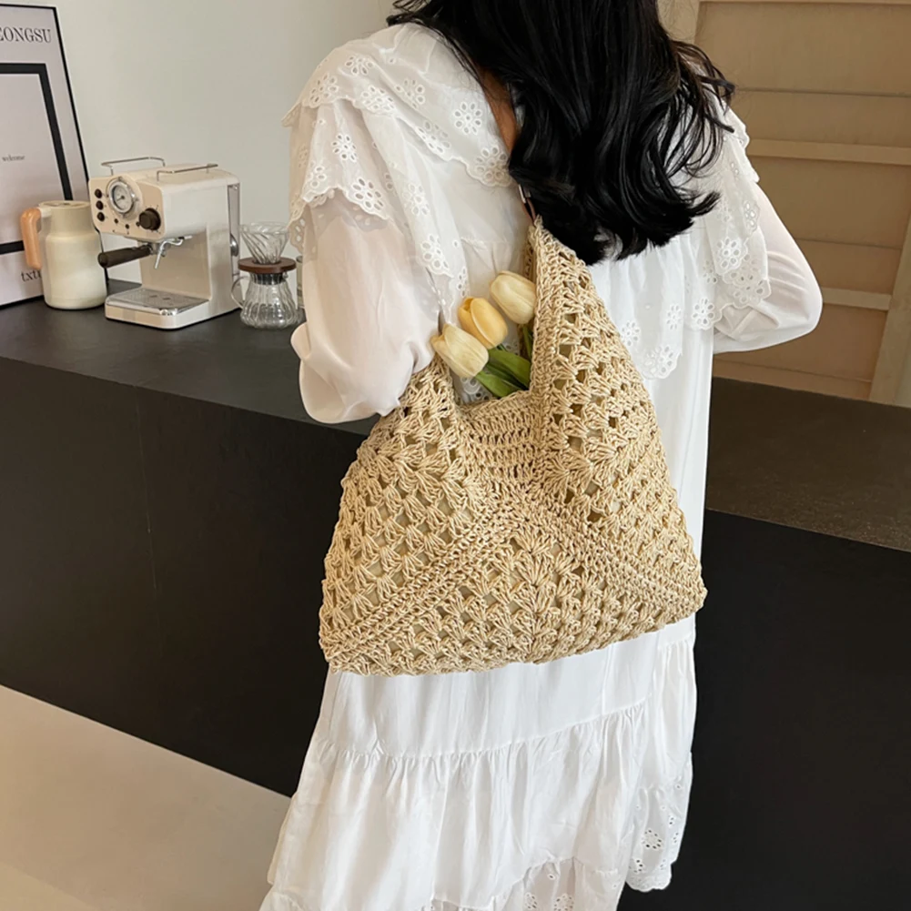 Summer Straw Bag Hollow Out Beach Shoulder Bag Large Underarm Bag Solid Color Holiday Travel Handbag Boho Shoulder Purse