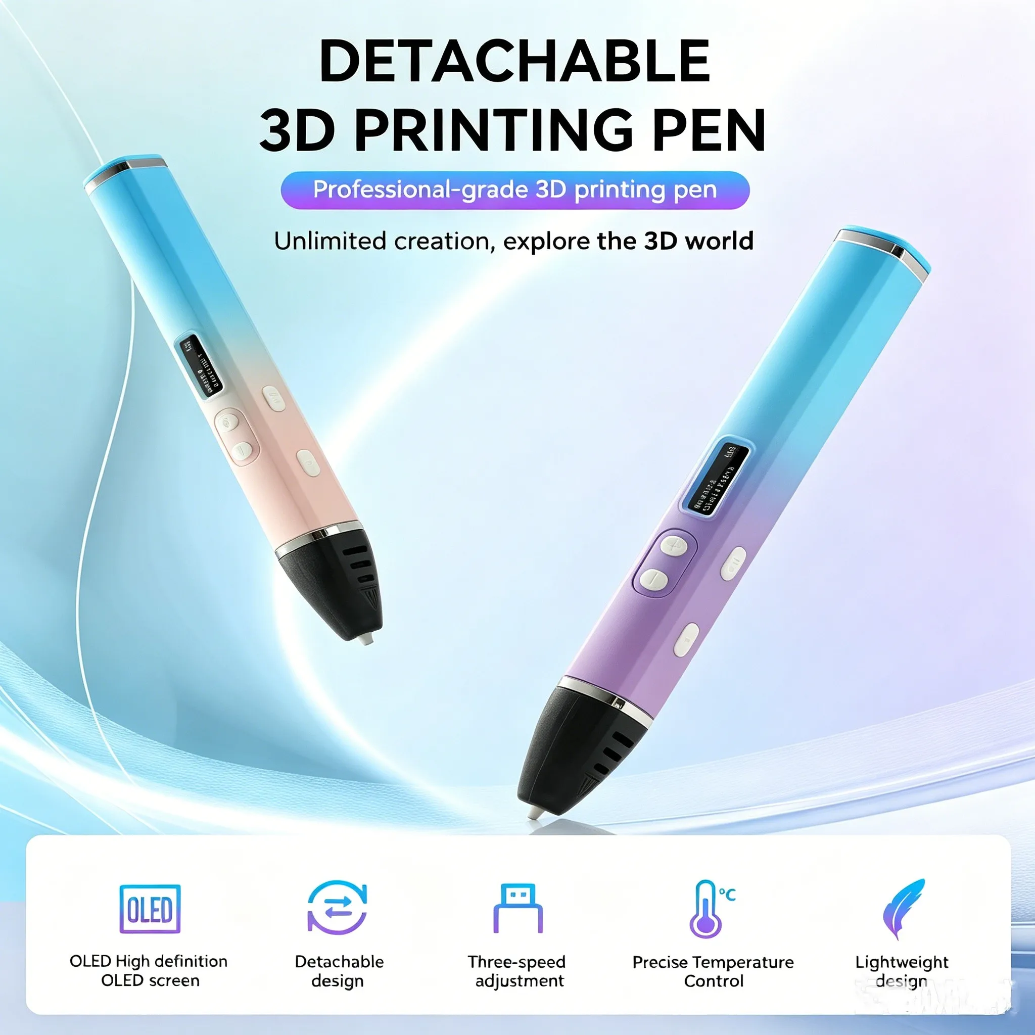 3D 낙서펜 OLED 디스플레이, 3단 속도 조절, 탈착식 타입-C, 40가지 색상 PLA 필라멘트 3D 프린팅 펜 어린이 DIY 공예 휴일 선물