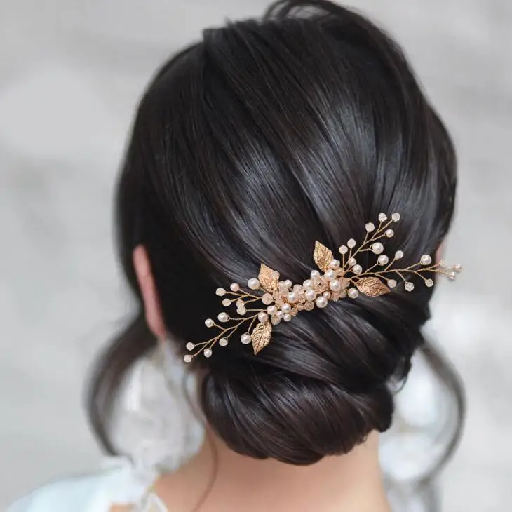 Gold Color Leaf Hair Combs Jewelry Rhinestone Pearl Hair Comb Tiaras Women Headpiece Wedding Bridal Hair Jewelry Accessories