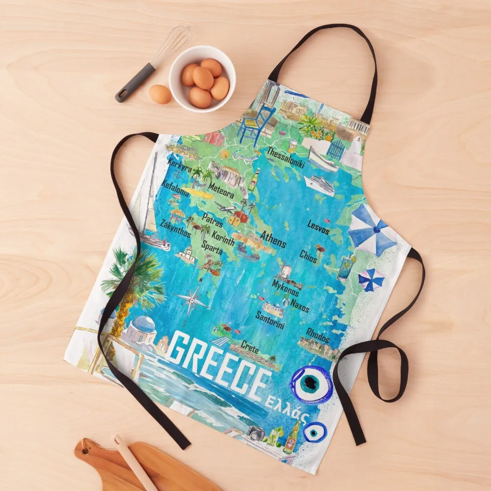 

Greece Illustrated Travel Map in Mediterranean Aegean Adriatic Seas with Roads and Tourist Highlights Apron Kitchen Man Apron