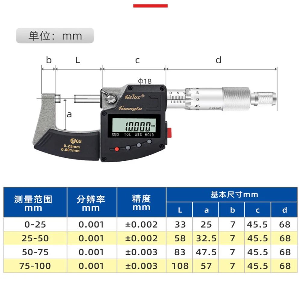 블루투스 무선 디지털 마이크로미터 0.001mm 휴대폰 및 컴퓨터 연결 데이터 업로드 및 저장 IP65 방수 기능 내장