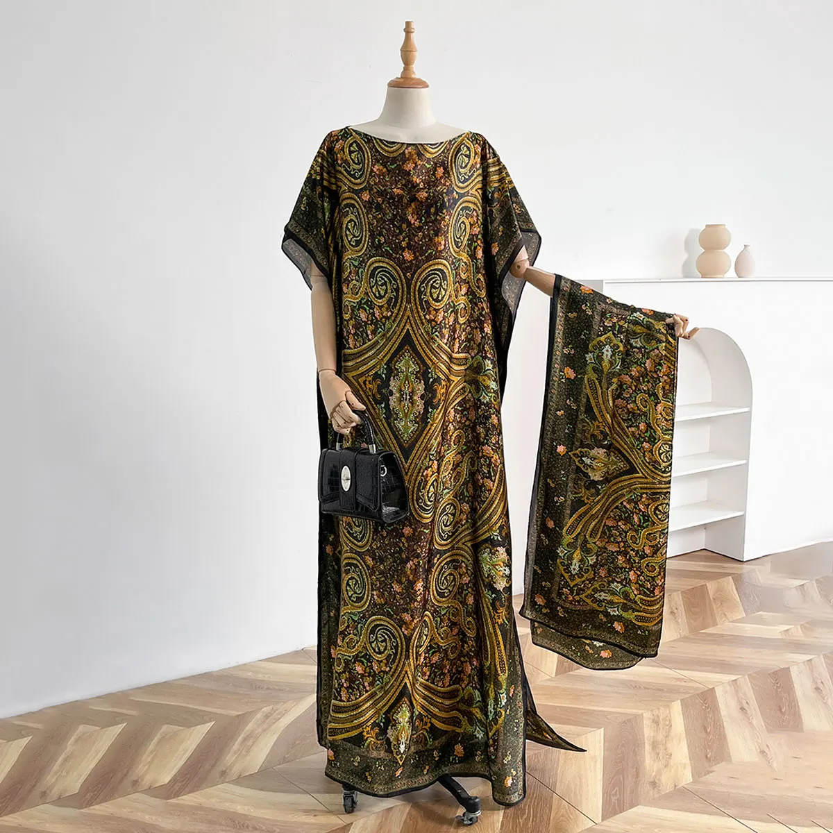 NEW Fashion Summer Dress With Big Scarf Dubai Turkey Kaftan Muslim Loose Abaya Women African Casual Leopard Print Shawl Robe