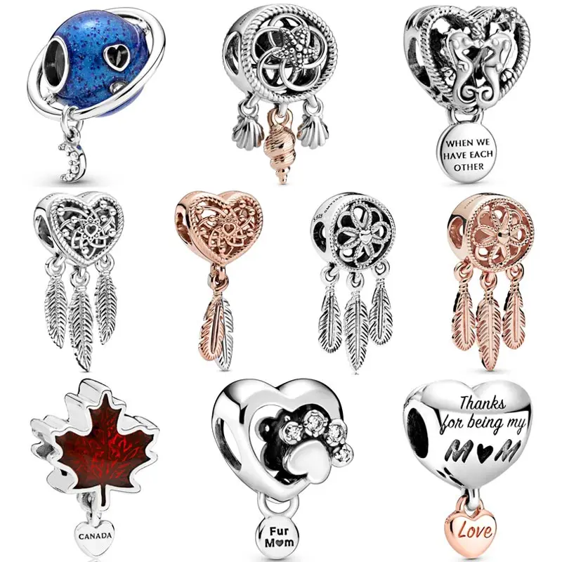 

Feathers Dreamcatcher Star Moon Earth Canada Maple Leaf Pendant Bead 925 Sterling Silver Charm Fit Fashion Bracelet Diy Jewelry