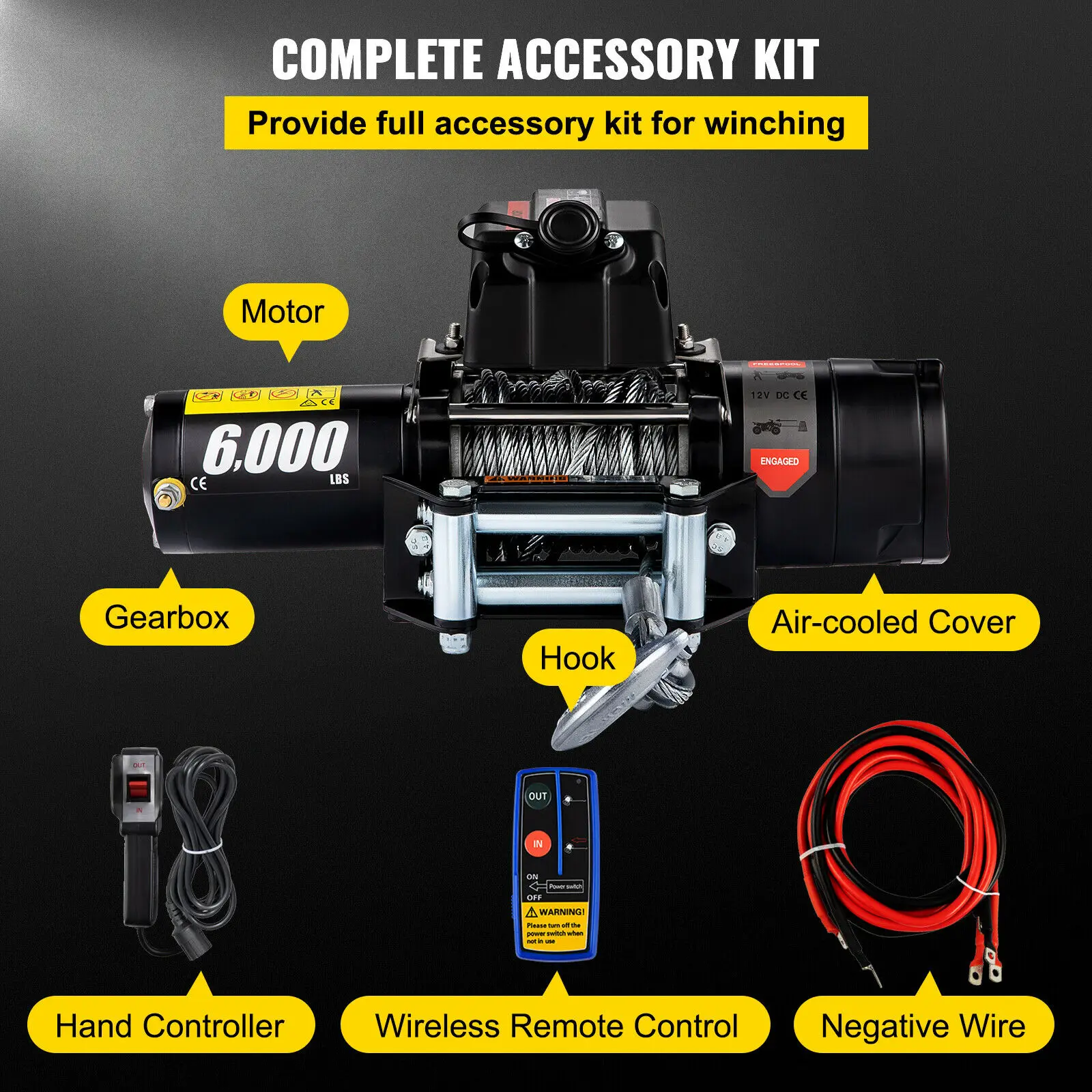 6000LBS 12V Recovery Car Electric Winch Series Wound Gear Train Wireles Remote Control Steel Cable Winches For Heavy Duty ATV