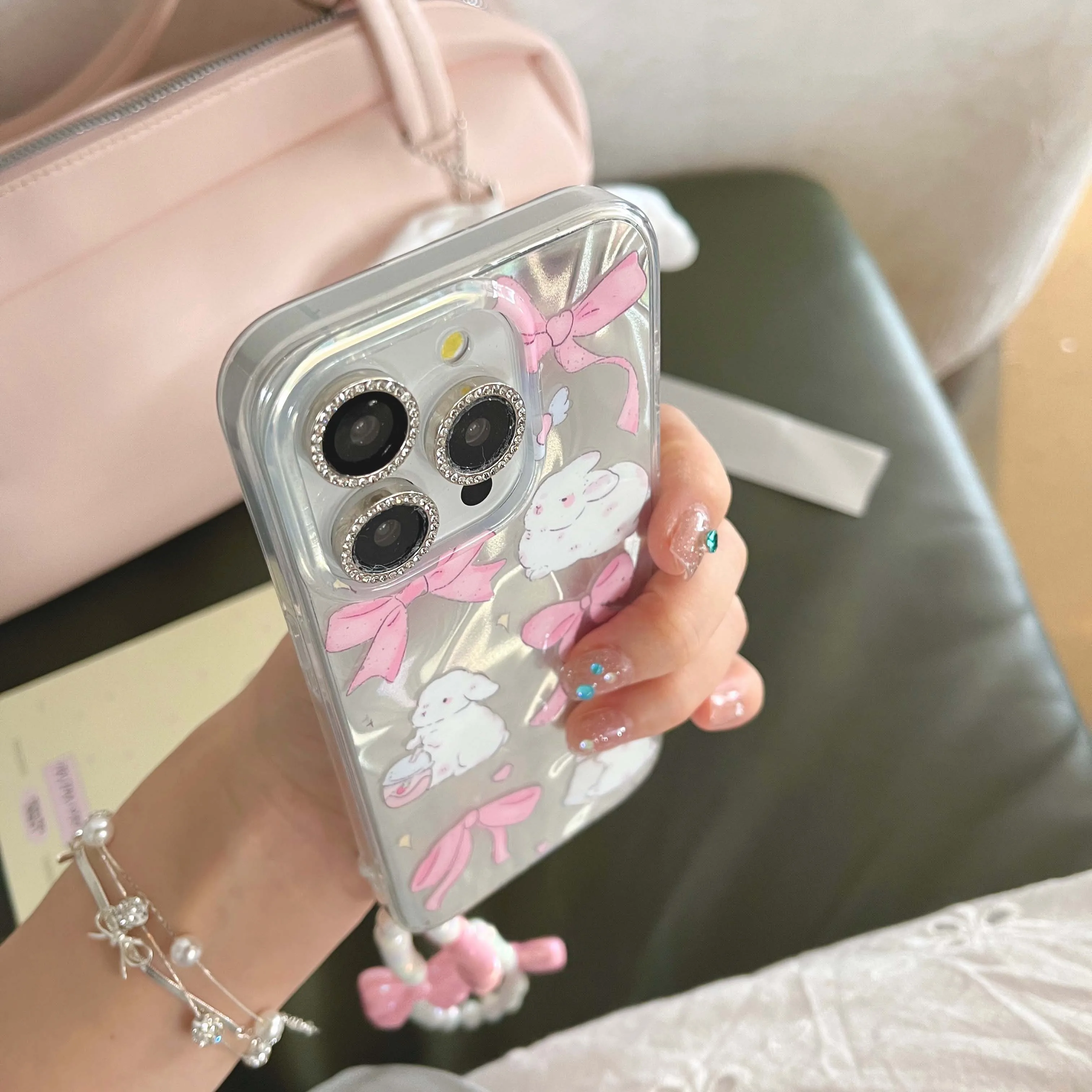 Cute pink bow bunny rabbit stars bracelet cartoon phone case