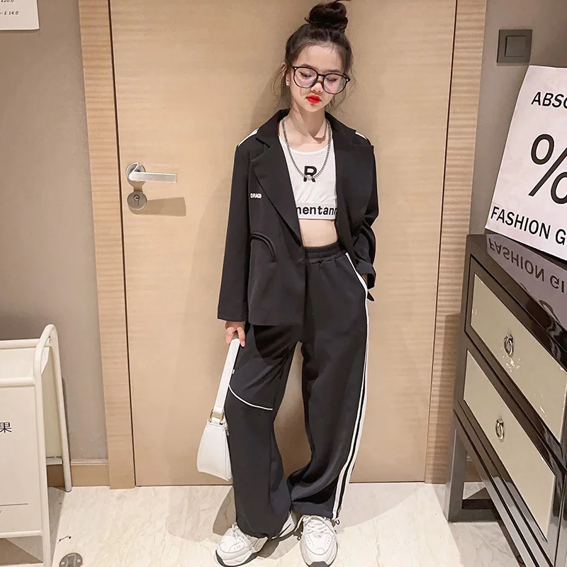 

Kid Clothes for Girls Spring New Formal Suit Jacket + Side Striped Pant 2pcs Fashion Streetwear Children's Outfits Sets 4-14 Yrs