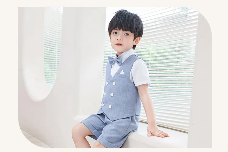 JUCPKID Jungen Sommer Kurzarm Weste Anzug Formal Elegant Kind Jungen Hochzeit Anzug Kinder Host Klavier Leistung Fotografie Kostüm – Detail 2