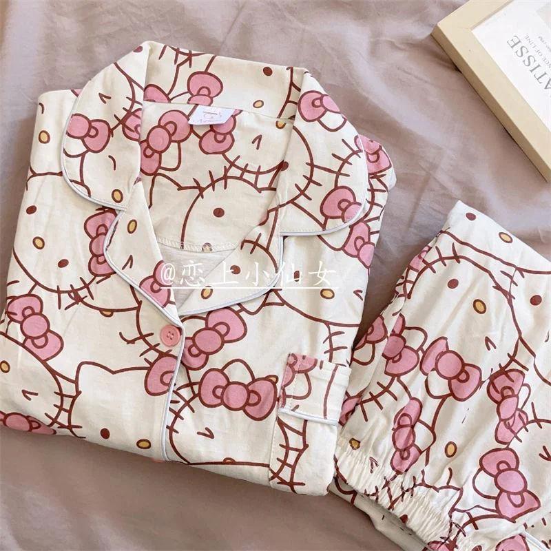 thumbnail image 1 of Sanrio-Pijama de Hello Kitty para mujer, ropa de dormir de manga larga con pantalones largos, cárdigan, pijama de dibujos animados, conjunto de 2 piezas para el hogar, primavera y otoño, 1 of 5