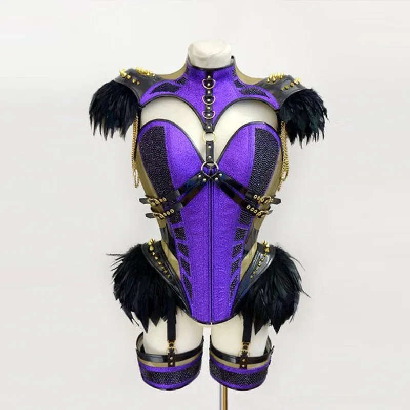 

Rivet Feather Purple Bodysuit Gogo Clothing Singer Performance Stage Costume Sexy Drag Show Outfit Bar Dj Rave Clothes VDB7069