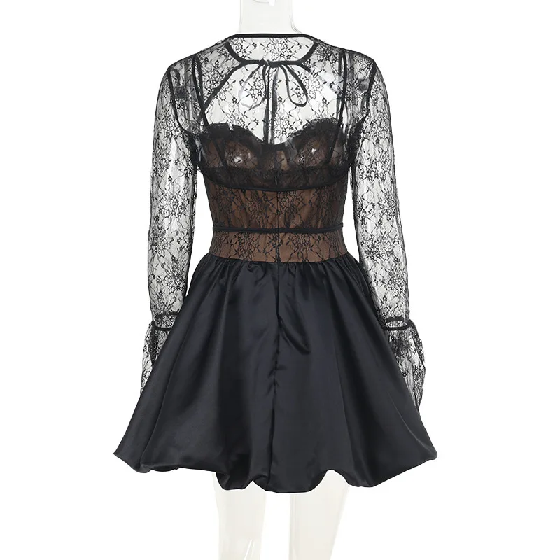 Fantoye Sexy Durchsichtig Spitze Zwei Stück Sets Frauen Kleid Schwarz Langarm A-line Kleid Weibliche Herbst Neue Elegante Party Clubwear – Detail 12