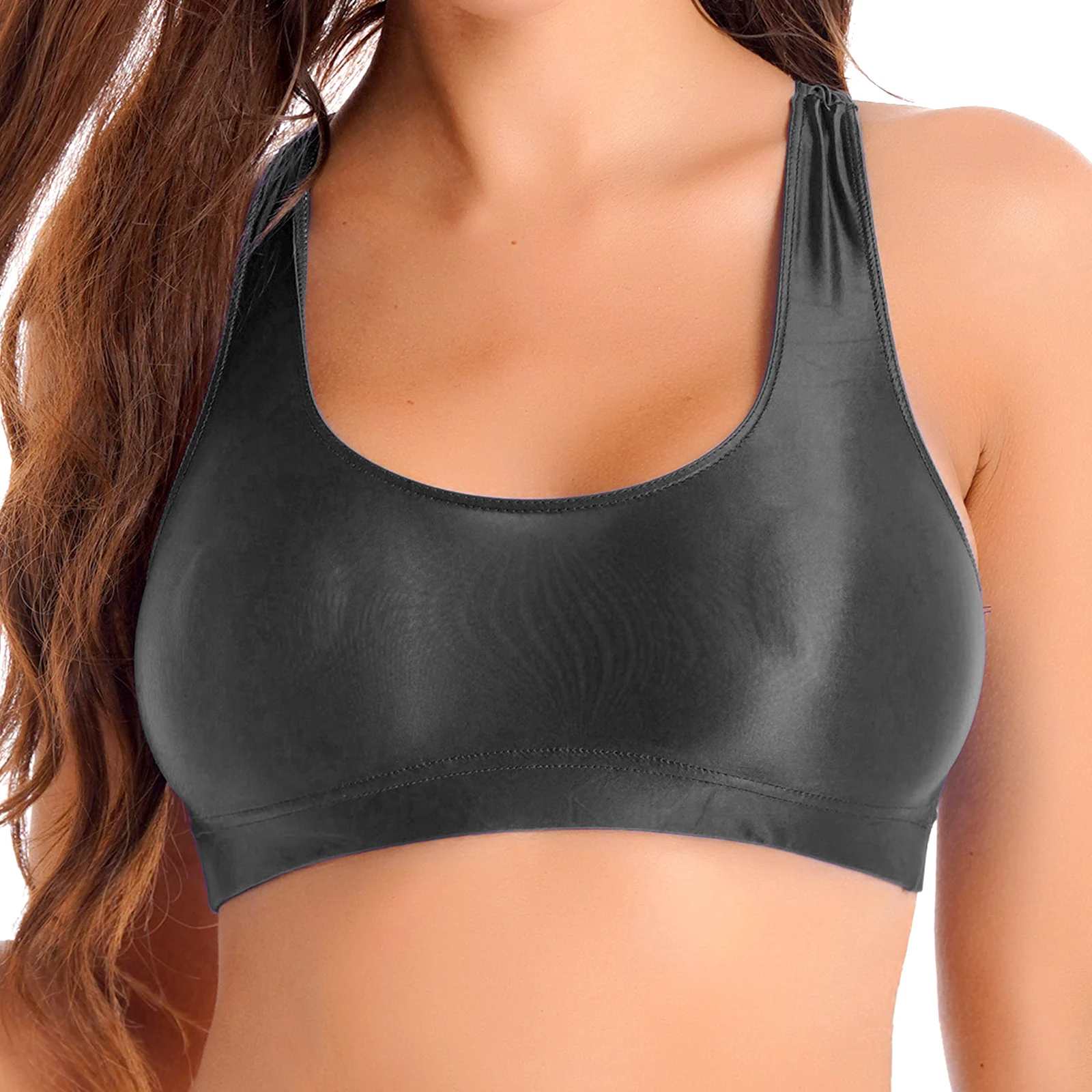 thumbnail image 1 of Tops deportivos cortos para mujer, camisetas sin mangas con cuello en U brillante, camisetas sin mangas de color sólido para ropa deportiva, gimnasio, entrenamiento, running, fitness, yoga, 1 of 4