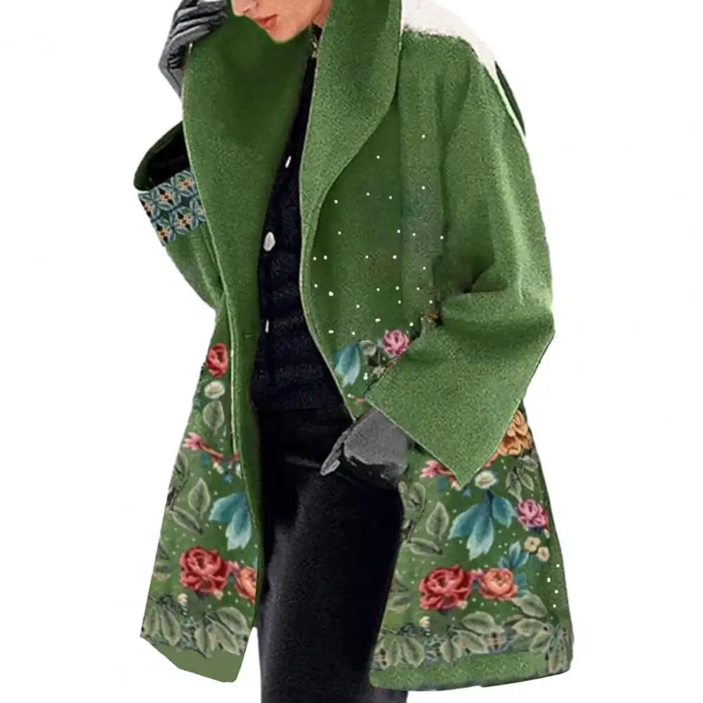 Soft Jacket Elegant Flower Print Women's Fall Winter Overcoat with Turn-down Collar Plus Size Mid Length Loose Thick Warm Long