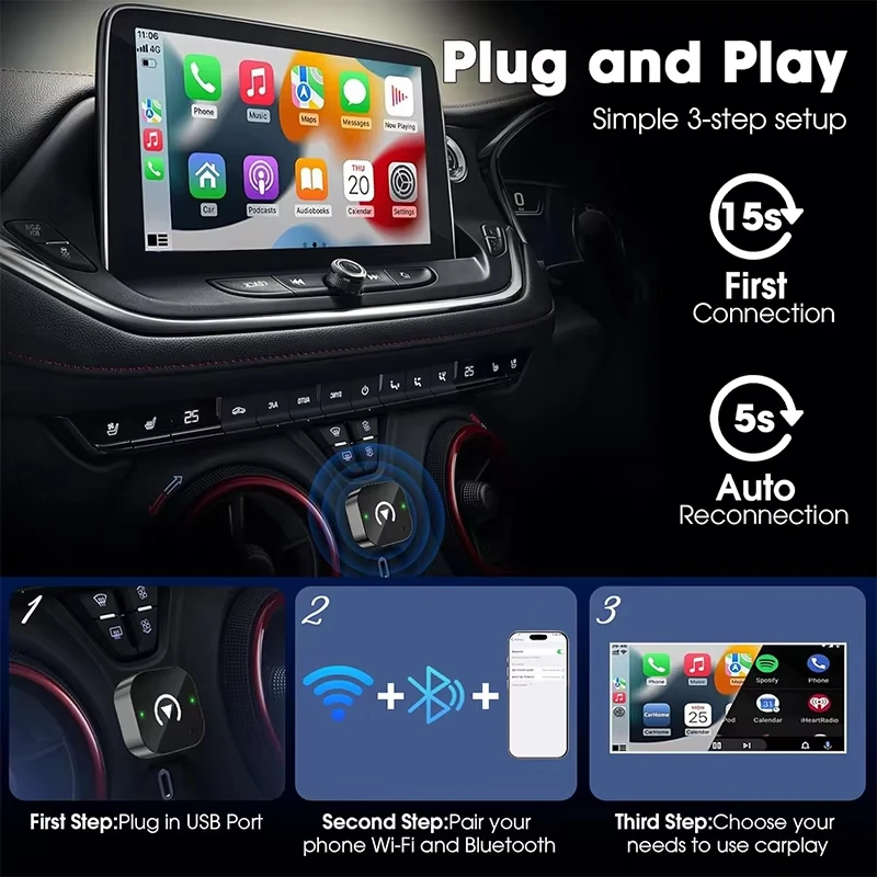 2-in-1 Wireless CarPlay Adapter Plug-and-Play For IPhone 6 And Android 11 Above Auto Adapter With USB/USB-C Port Car Accessory_voghion.com