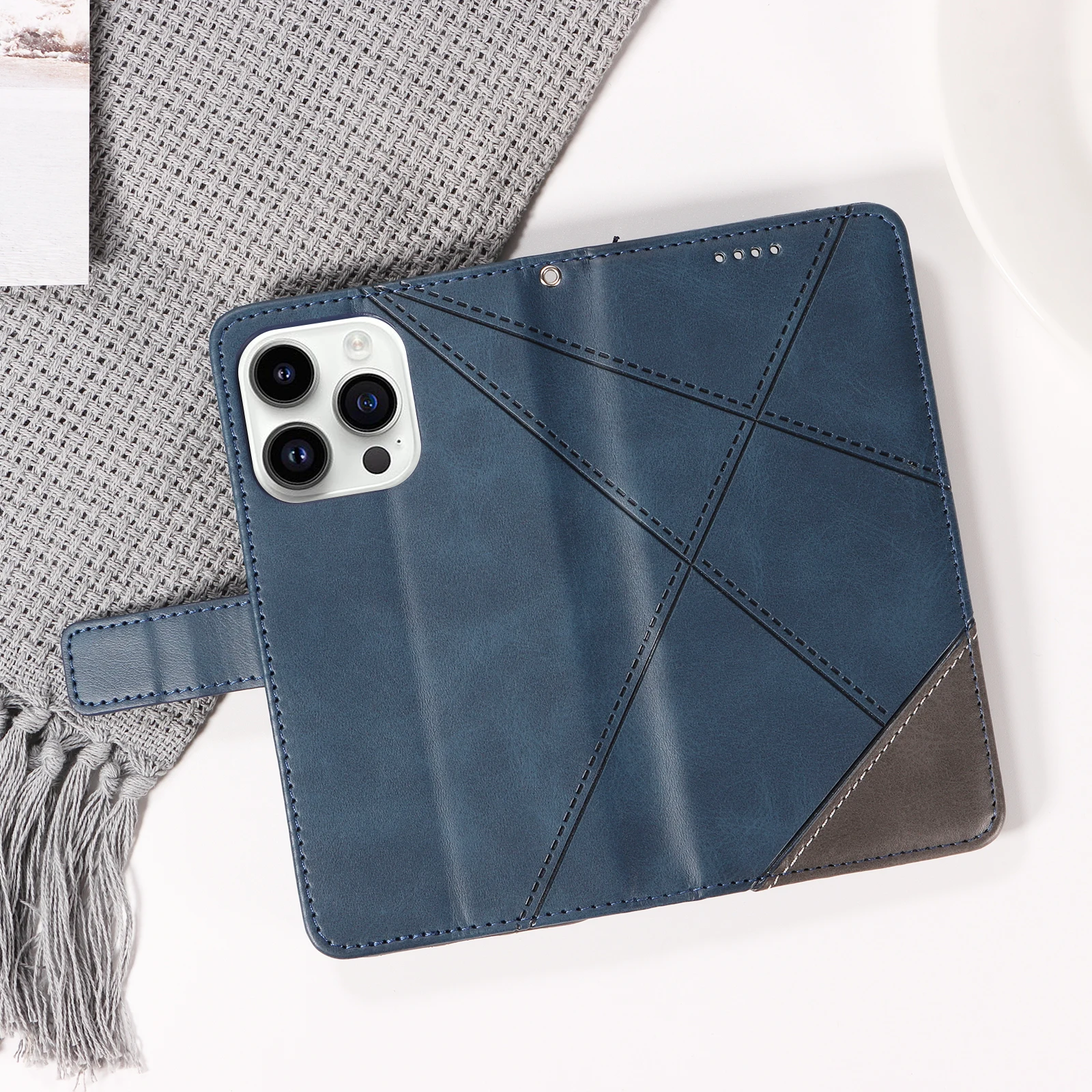 Magnet-Lederhülle für iPhone 18 17 Air 16e 16 15 14 13 12 Mini 11 Pro X XR XS Max 8 7 6 Plus SE Handy-Flip-Cover mit Gittermuster – Detail 10