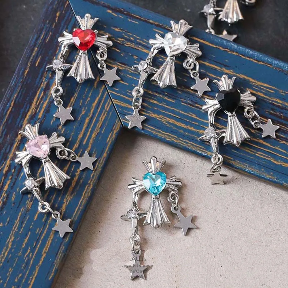 

10pcs Retro Cross Nail Charm 3D Silver Cross Heart Diamond Chain Connect Stars Nail Decoration DIY Punk Gothic Nail Accessories