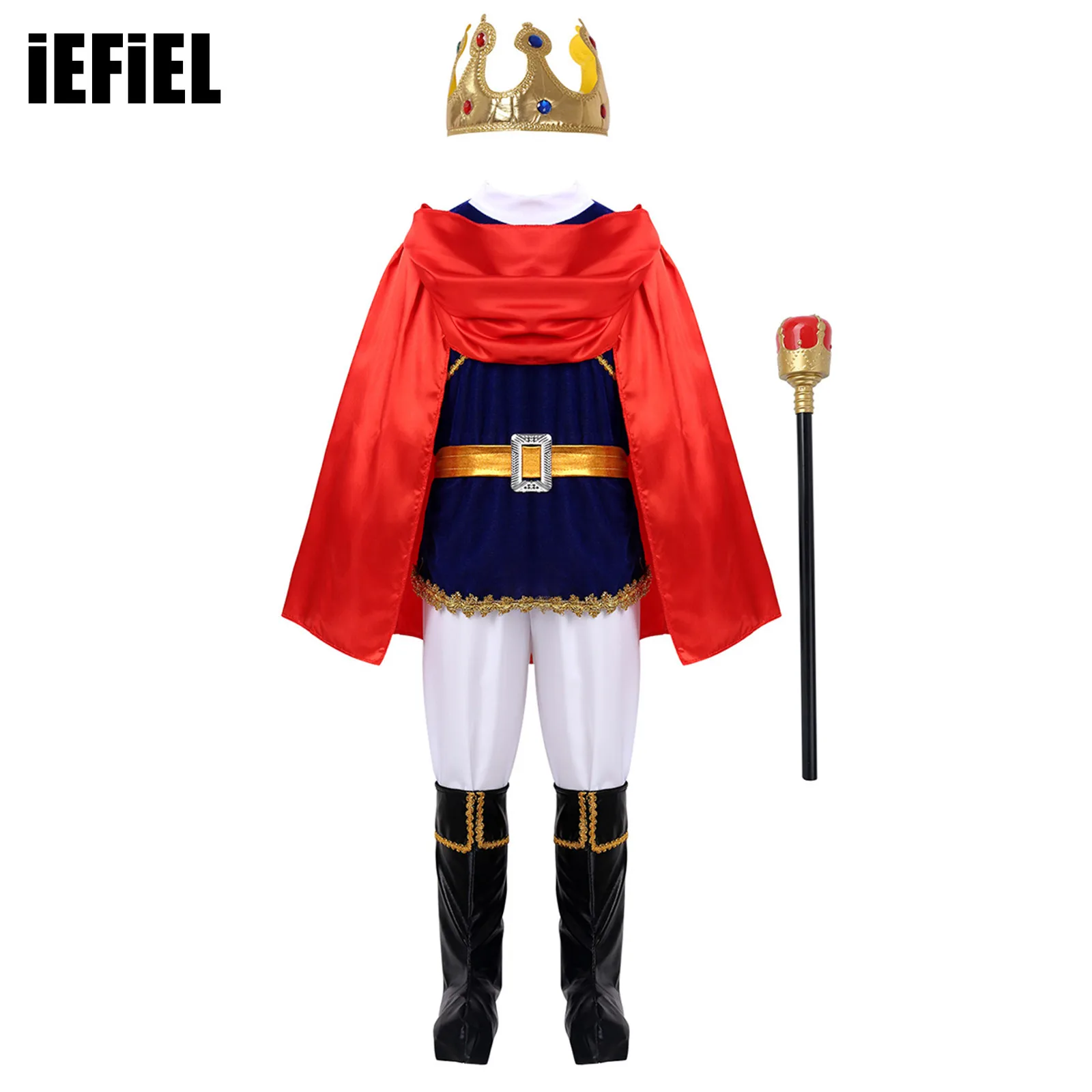 

7Pcs Medieval Prince Costume Outfits for Kids Boys Halloween Cosplay Tops Pants Belt Cape Headband Shoe Covers Party Boy Clothes