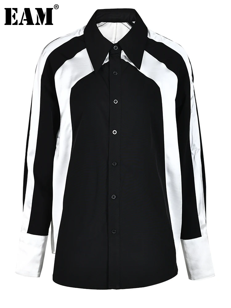 

[EAM] Женская блузка черного цвета большого размера, новая свободная рубашка с длинными рукавами и отворотом, модная весенне-осенняя 2024 CPG0368