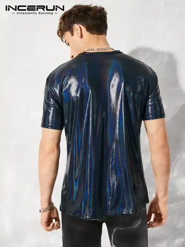 INCERUN 남성 티셔츠 o-넥 샤이니 반팔 파티 Camisetas 피트니스 2023 스트리트웨어 스트레치 패션 캐주얼 남성 의류 5XL 7 4