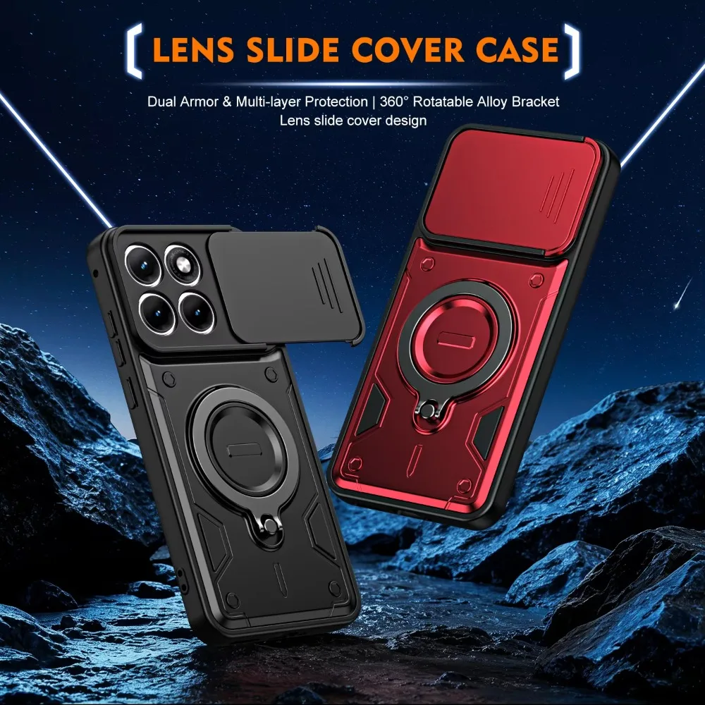 Magnetic Ring Stand Armor Case with Slide Camera Lens and Drop Protection