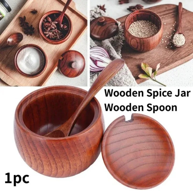 

1PC Wooden Salt Shaker with Lid and SpoonSolid Wooden Spice Box Kitchen Seasoning Jar Barbecue Condiment Kitchen Gadget Tool