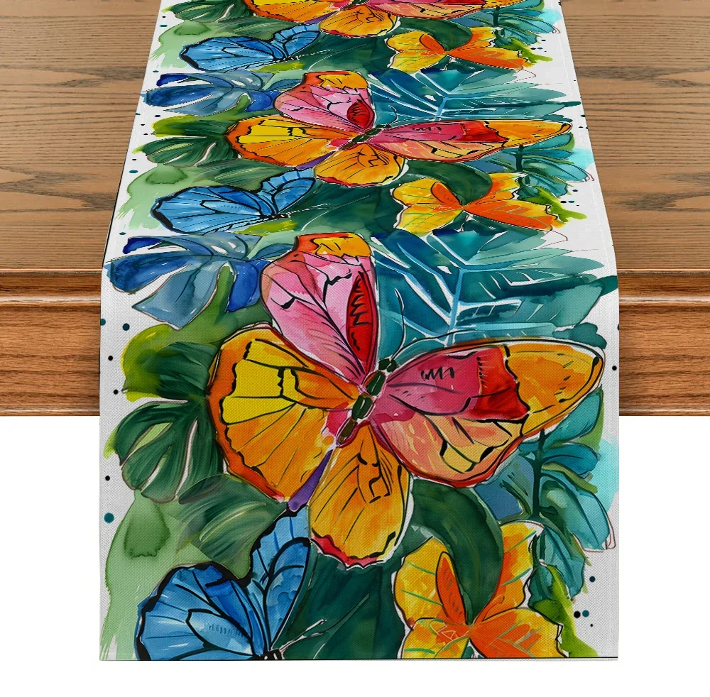 

Hand-painted Watercolor Style Table Runner for Home Kitchen Table Decoration Plant Butterfly Tablecloth Dresser Party Decoration