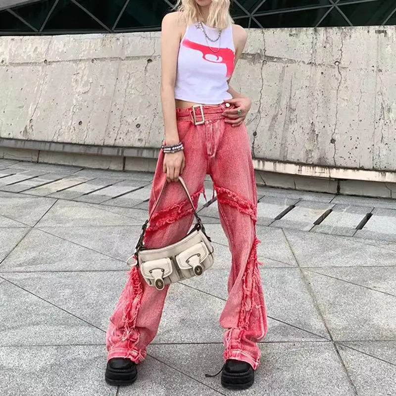 아메리칸 스타일 빈티지 워싱 원시 엣지 패션 하이 웨이스트 캐주얼 바지 와이드 레그 청바지 여성용 Y2k, 스트리트웨어 배기 핑크 팬츠