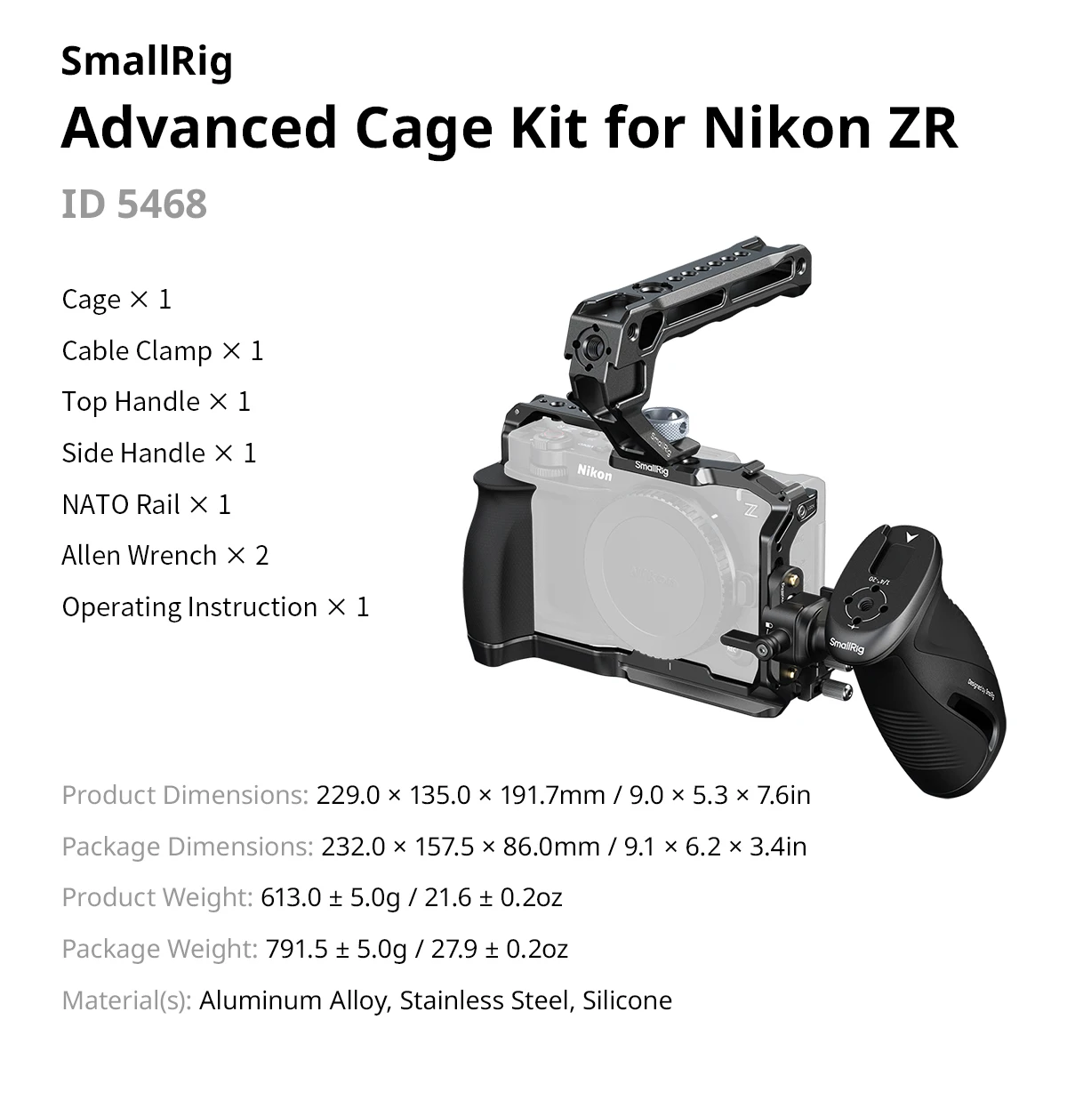 ZR Camera Cage for Nikon ZR, w Cable Clamp Silicone Handle Built-in Arca-Swiss Q