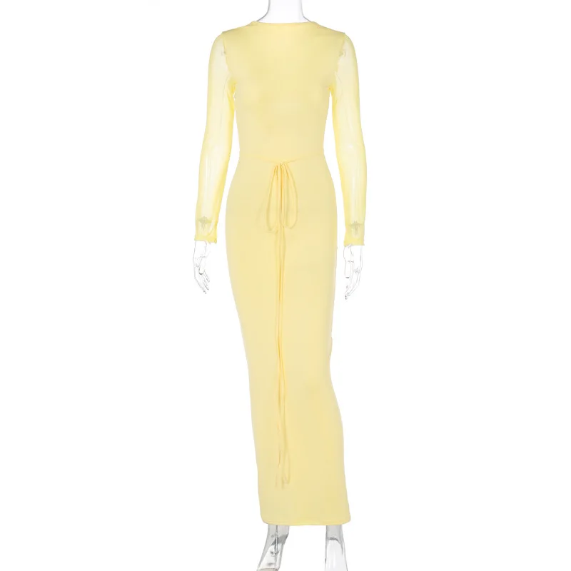 Vestido largo de malla con encaje y aberturas - Elegante vestido de fiesta con escote en V y banda elástica