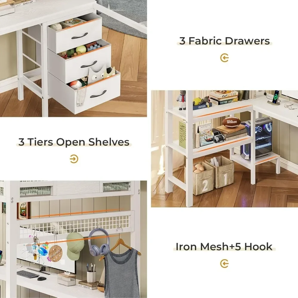 Loft Bed Twin Size with L-Shaped Desk, LED Lights,Charging Station, Twin Metal Loft Bed Frame with Fabric Drawers & Shelve 6