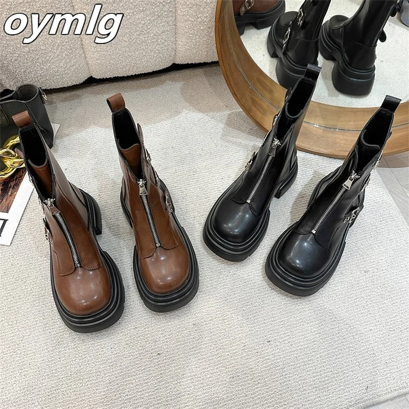 Belt buckle brown thick sole boots for women's 2023 new thin Western denim short boots platform shoes  boots women