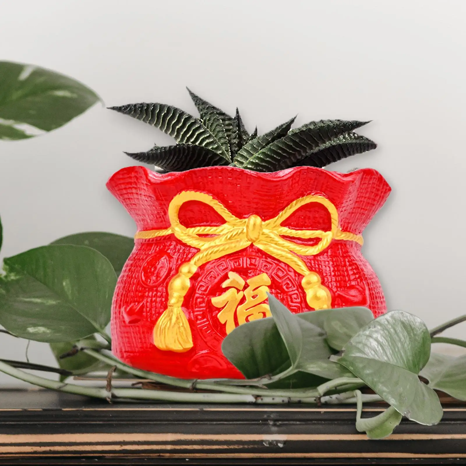 Ceramic Red Purse Bag Statue Flower Pot Chinese New Year Spring Festival