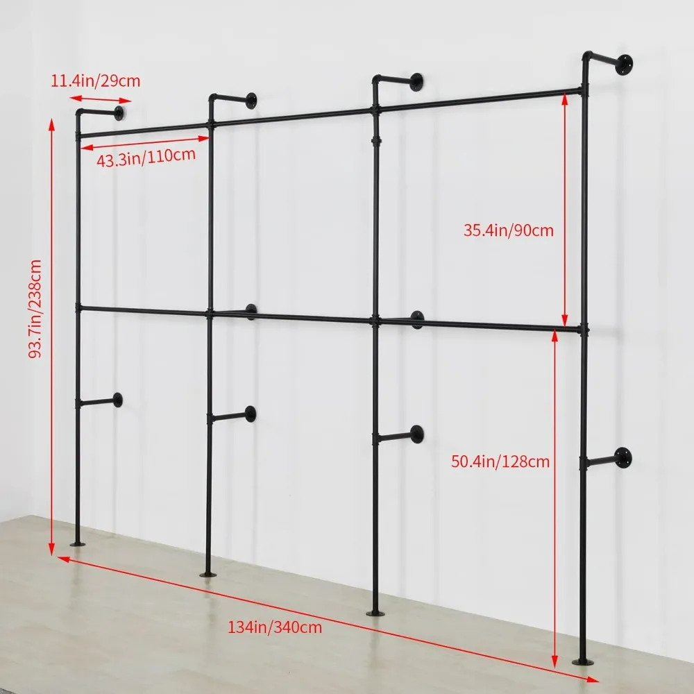Sturdy Industrial-Style Wall-Mounted Clothing Rack with Heavy-Duty Hanging Rod for Garments and Display