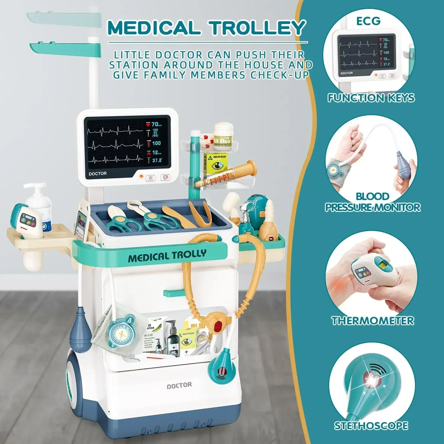 Kids Medical Kit Toy Pretend Play Doctor Games for Toddlers Medical Cart Kit Accessories Thermometer Stethoscope CT X-ray Toys