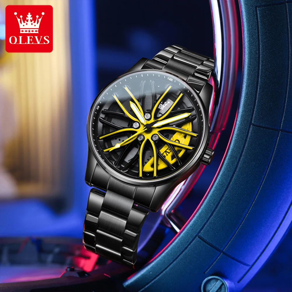 OLEVS Sports Car Rim Men's Watches Luxury Rotary Wheel Dial Luminous Waterproof Classic Quartz Wristwatch Top Brand Reloj Hombre