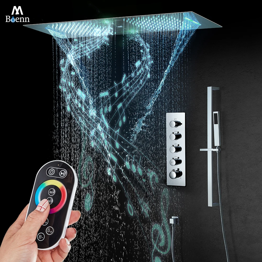 

M Boenn 4 Functions Chrome Plated LED Shower System Thermostatic Faucet Bathroom Embedded High Pressure Water Column ShowerHeads