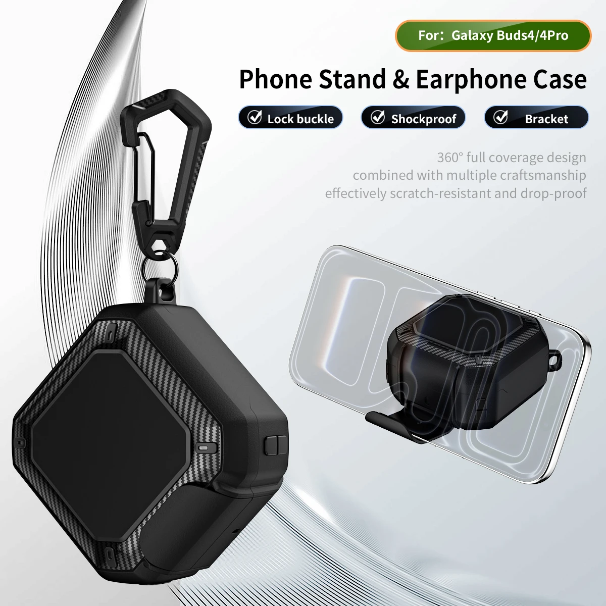 Compact Shockproof Carbon Fiber Earbuds Case with Carabiner & Security Lock