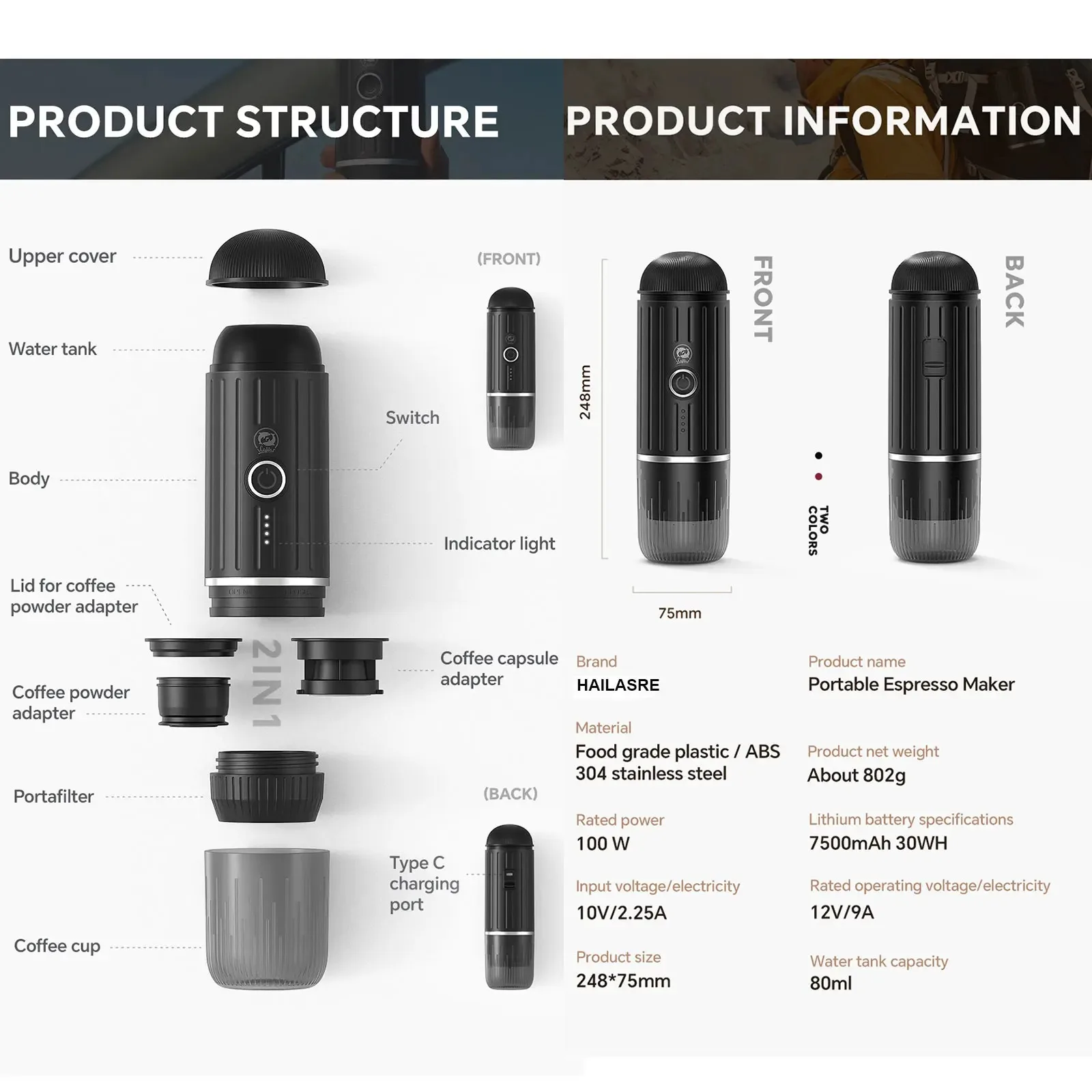 Portable Coffee Machine with Heating Function Car Expresso Maker TYPE-C Charging Port Fit Nespresso Capsule and Powder 7500Mah 6
