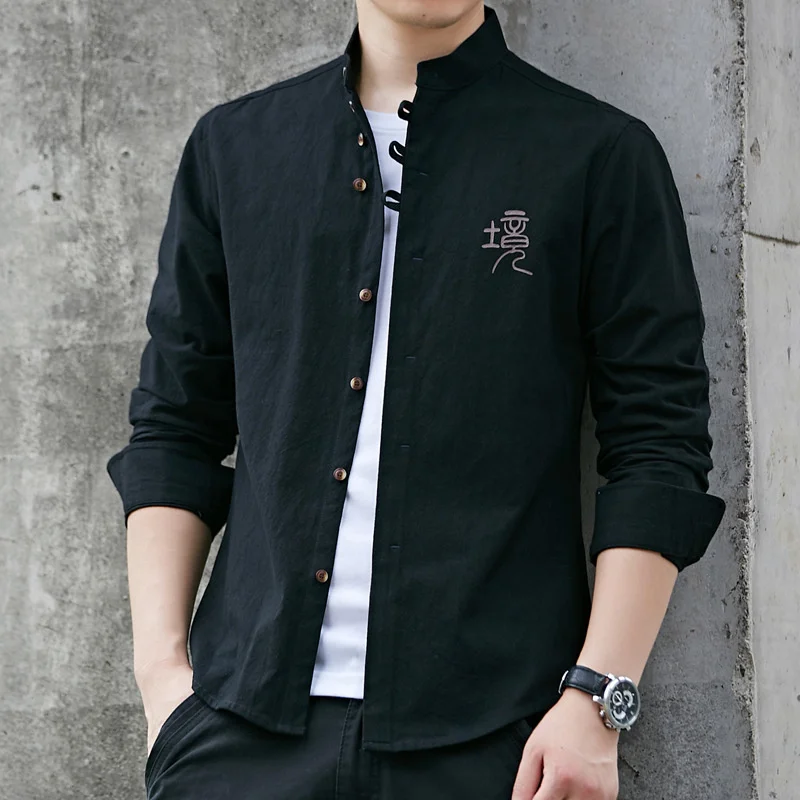 Big Size Long Sleeve Traditional Chinese Men Retro Casual Solid Color Kung Fu Tunic Tang Suit Stand Collar Clothes
