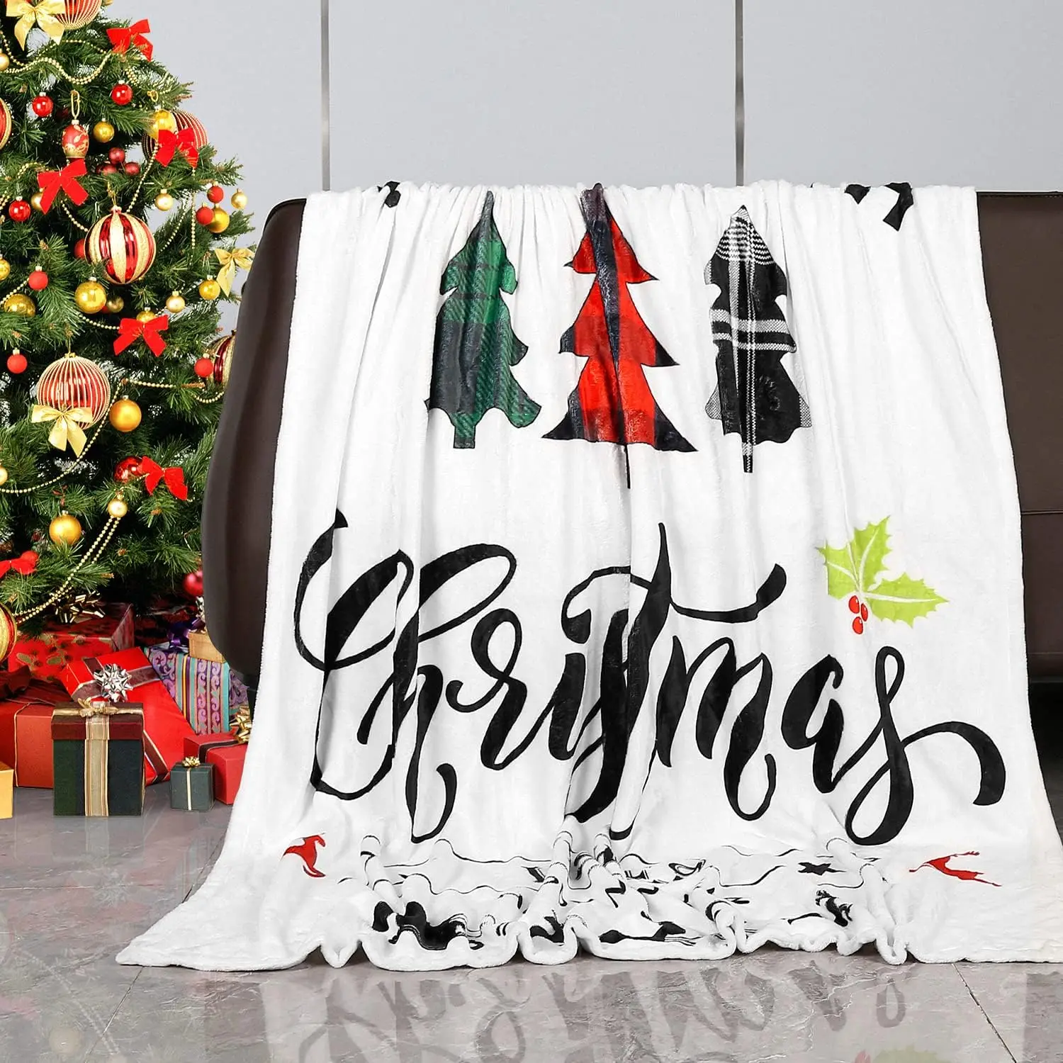 

Christmas Tree Farm Fresh Throw Blanket, Double-Sided Printed Happy New Year Xmas Warm Blanket for Bed Sofa Couch Chair