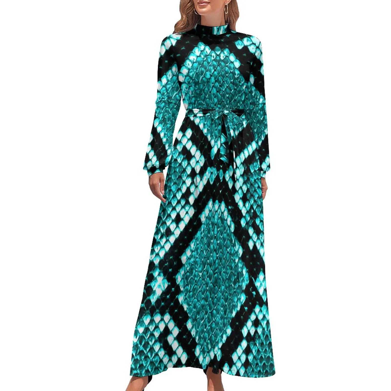

Blue Snakeskin Dress Long Sleeve Vintage Print Trendy Maxi Dress High Neck Aesthetic Boho Beach Long Dresses Birthday Gift