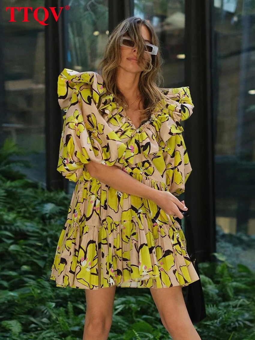 

TTQV Fashion Yellow Print Women's Dresses 2023 Elegant Ruffled Half Sleeve Dresses Casual Loose High Wisted Dress Streetwear