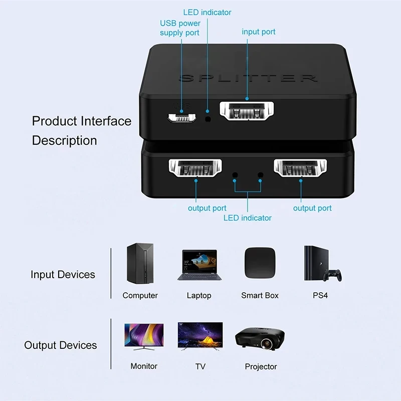 1 in 2 out HDMI-compatible Splitter 4K 1080P 1x2 HDCP Converter 3D Switcher 2 Port Hub PS3 Xbox HDTV DVD TV BOX Monitor hdmi splitter converter